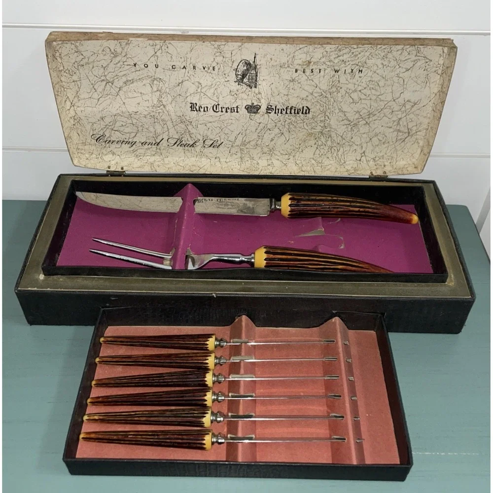 Sheffield Crown Crest Carving‎ Set & Steak Knives